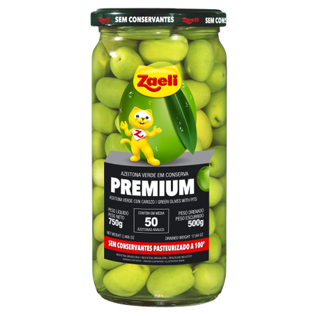 Azeitona Zaeli Verde Com Caroço Premium Vidro 500g 
 