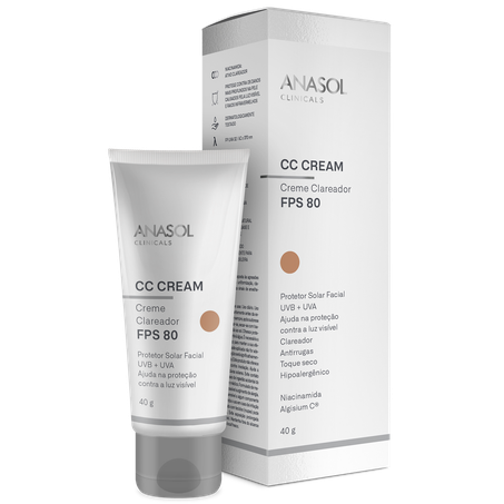 Protetor solar facial anasol clinicals cc cream creme clareador fps 80 40g