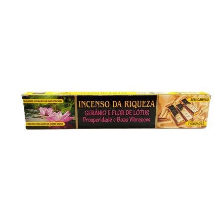 INCENSO RIQUEZA GERANIO E FLOR DE LÓTUS COM 7 UNIDADE
