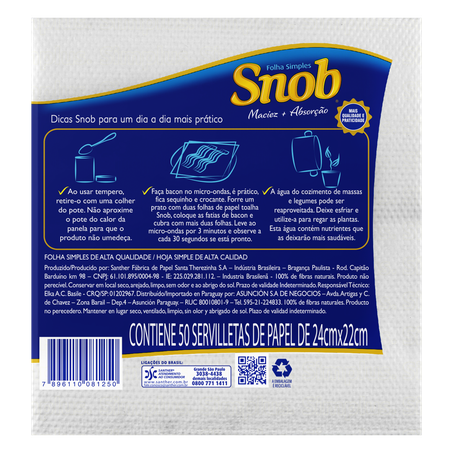 GUARDANAPO DE PAPEL FOLHA SIMPLES SNOB 24cm x 22cm Pacote 50 Unidades 360-1