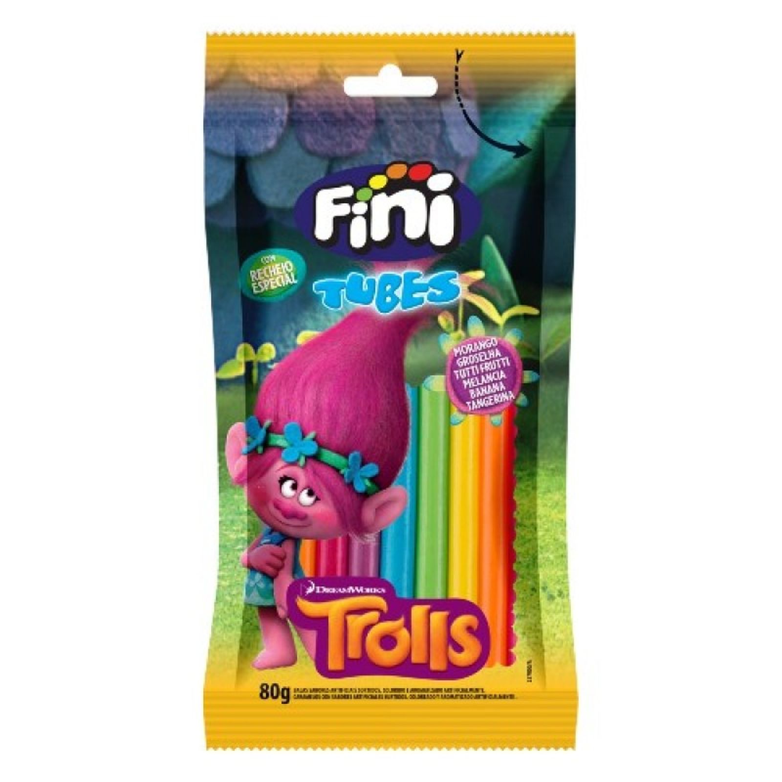 Bala Fini Regaliz Tubes Trolls Embalagem 80G
