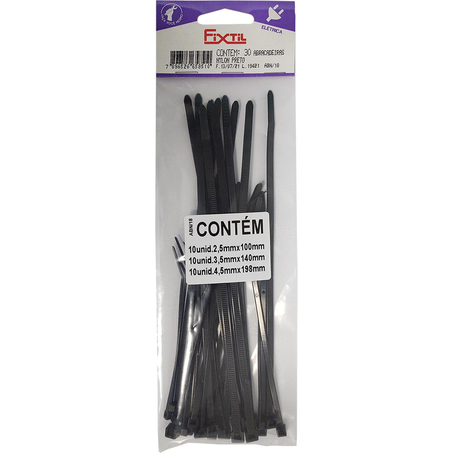 Abraçadeira Fixtil Nylon - Preta - Com30 Abraçadeiras