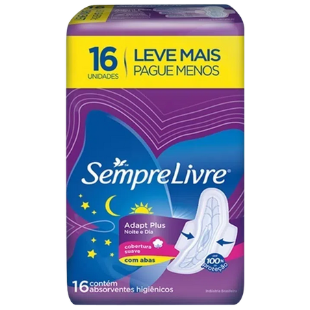 ABSORVENTE HIGIÊNICO C/ABAS SUAVE SEMPRE LIVRE ADAPT PLUS LEVE MAIS PAGUE MENOS PACOTE C/16UNID