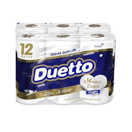 Papel higiênico duetto folha dupla neutro 30 metros pacote 12 unidades