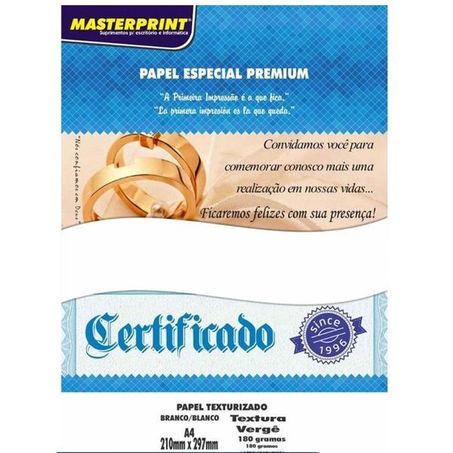 PAPEL VERGÊ A4 BRANCO 180G C/50FLS MASTERPRINT 10007