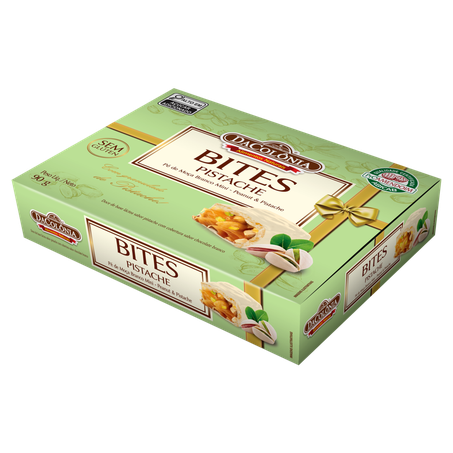 DOCE DE AMENDOIM PÉ DE MOÇA DACOLÔNIA BITES CHOCOLATE BRANCO E PISTACHE CAIXA 90G