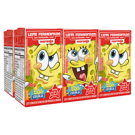 Pack Leite Fermentado Desnatado Morango Bob Esponja Elegê Caixa 6 Unidades 80g Cada