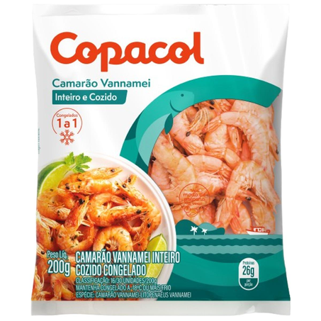 Camarão Copacol 200g - Vannamei - Inteiro - Cozido - IQF