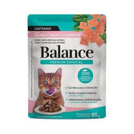 Ração gatos castrados salmão ao molho com espinafre balance 85g