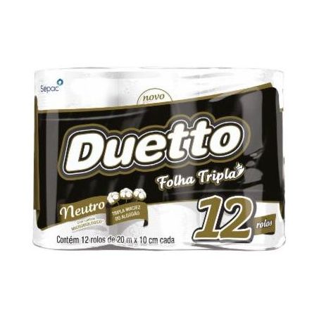 Papel higiênico duetto folha tripla neutro 20 metros com 12 unidades