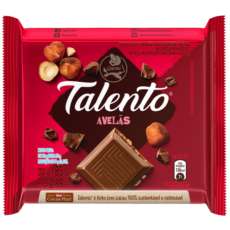 Chocolate barra garoto talento avelãs 85g