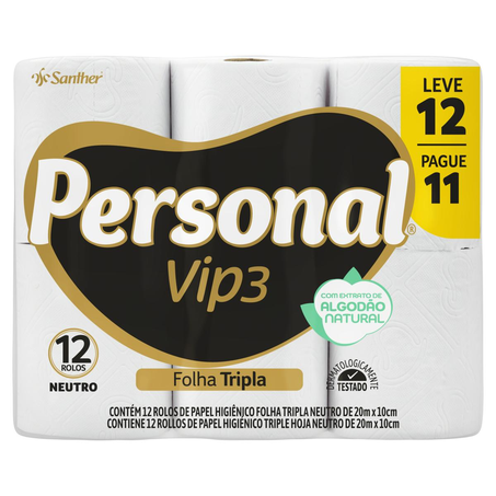 Papel Higiênico Personal Vip Folha Tripla - 20 Metros - Leve 12, Pague 11