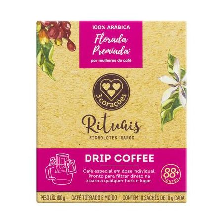 Café em Sachê Torrado E Moído Drip Coffee Filtrado 3 Corações Rituais 88+ Caixa 10 Unidades Microlotes Raros Florada Premiada 100G