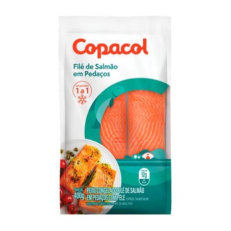 FILÉ DE SALMÃO CONGELADO EM PEDAÇOS COPACOL COM PELE PACOTE 400G