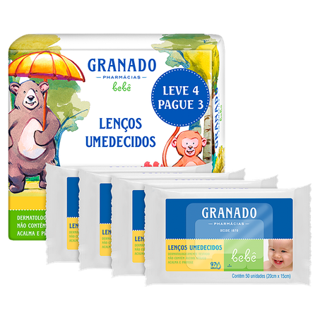 Kit lenços umedecidos granado bebê l4 p3 20 x 15cm c/50