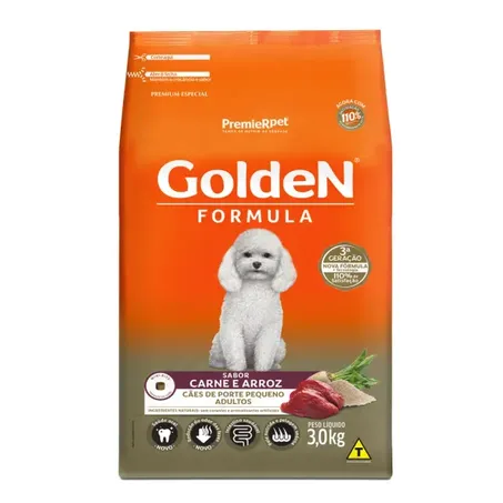 Ração Golden Fórmula Mini Bits Para Cães Adultos de Porte Pequeno Sabor Carne e Arroz 3Kg 360-1