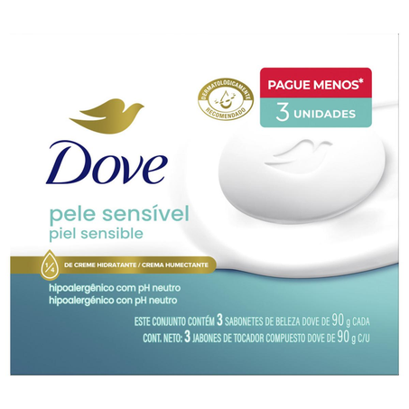Sabonete Dove Com 3 Sabonetes de 85g cada - Pele Sensível - Leve Mais, Pague Menos