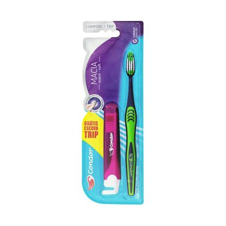 Escova Dental Macia Condor Comfort Cabeça G 2 Unidades Grátis Escova Dental Trip 2UN