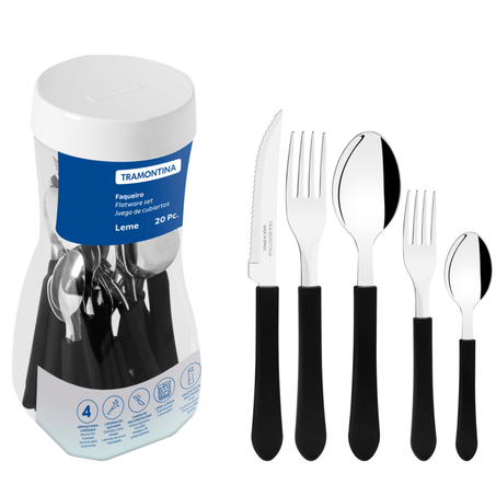 Faqueiro inox tramontina leme preto pote 20un