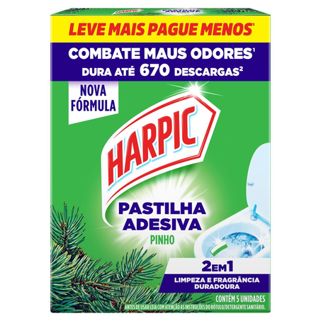 Desodorizador Pastilha Adesiva Harpic 2 em 1 - Pinho - Leve 5, Pague 4 Pastilhas