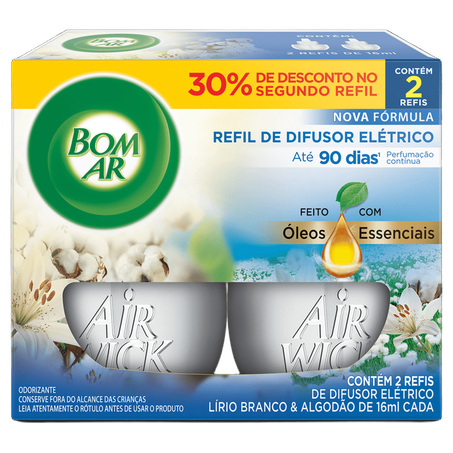 ODORIZADOR DE AMBIENTE BOM AR AIR WICK LÍRIO BRANCO E ALGODÃO LEVE MAIS PAGUE MENOS REFIL 16ML X2