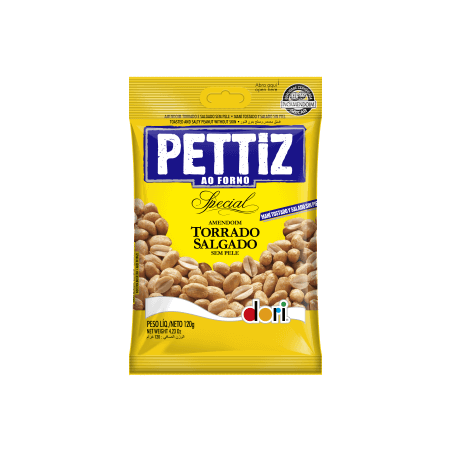 Amendoim torrado salgado sem pele pettiz pacote 120g