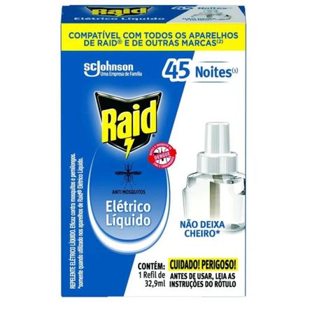 Repelente Elétrico Líquido Raid Não Deixa Cheiro 45 Noites Caixa com 1un - 32.9ml - Refil