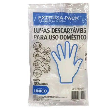 LUVA PLASTICA DESCARTÁVEL EXTRUSA C/ 100 UN