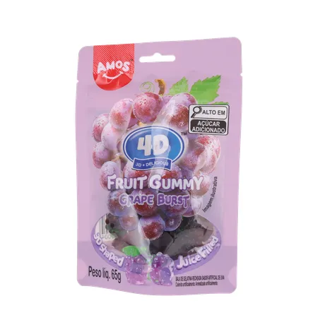Balas de Gelatina Amos Fruit Gummy Grape Burst Juice Filled Sachê 65gr 360-1