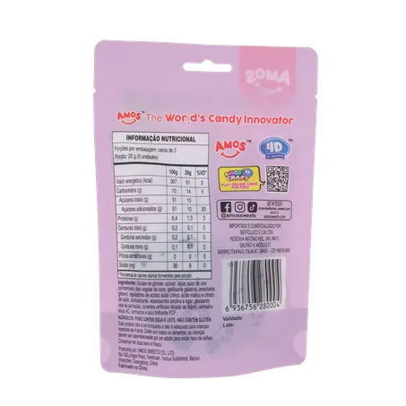 Balas de Gelatina Amos Fruit Gummy Grape Burst Juice Filled Sachê 65gr 360-17