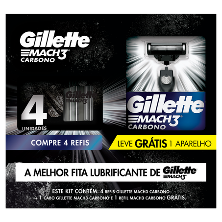LÂMINA DE BARBEAR GILLETTE MACH 3 CARBONO C/4UNID GRÁTIS 1 APARELHO