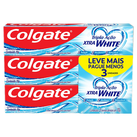 Creme Dental Colgate 70g - Tripla Ação - Xtra White - Com 3 Unidades - Leve Mais, Pague Menos