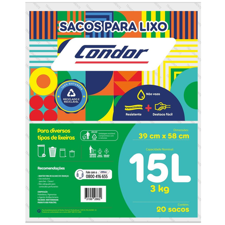 Saco para Lixo Condor 15 Litros - Almofadado - Com 20 Sacos
