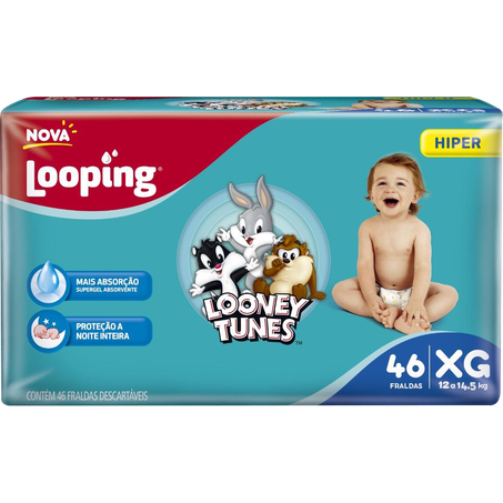 FRALDA DESCARTÁVEL INFANTIL LOOPING LOONEY TUNES HIPER  PACOTE XG C/46UNID
