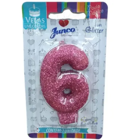 Vela Aniversario Junco Mini Glitter N6 Pink