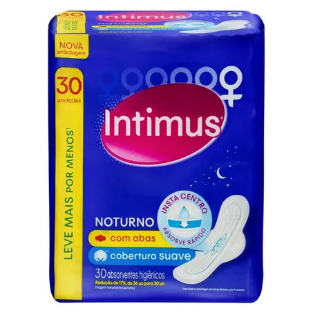 Absorvente intimus 30 unidades noturno cobertura suave com abas