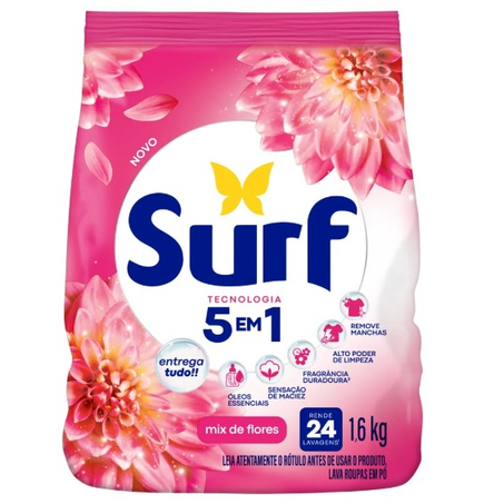 Lava Roupas em Pó Surf 5 em 1 Mix de Flores 1,6Kg