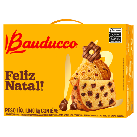 Cesta de Natal Bauducco Panettone 400g  Panettone com Gotas de Chocolate 400g  Pão de Mel com Cobertura Chocolate ao Leite 240g