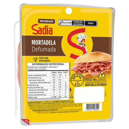 Mortadela Sadia 180g - Defumada - Fatiada
