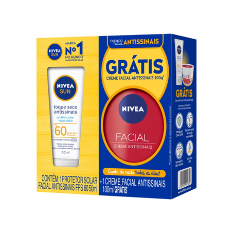 Kit Protetor Solar Facial Toque Seco FPS 60 Nivea Sun 50Ml Grátis Creme Facial 100G