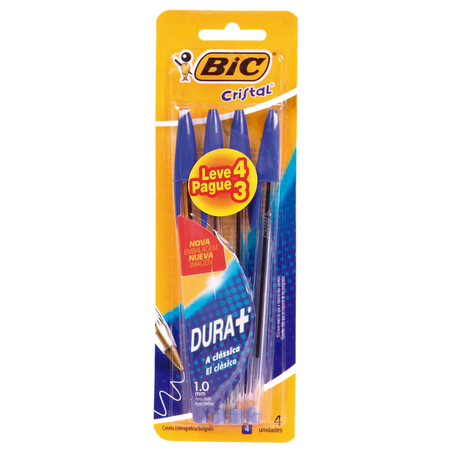 Caneta Bic Cristal Azu com 4 Unidades Leve Mais Pague Menos