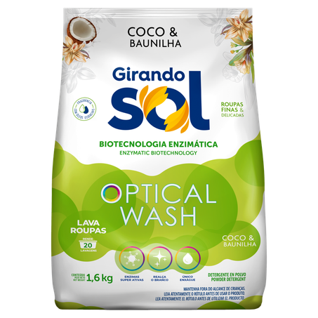 Lava Roupas Em Pó Coco e Baunilha Girando Sol Optical Wash Roupas Finas e Delicadas 1,6Kg