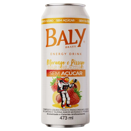Energético Baly Morango/Pêssego Sem Açúcar Lata 473ml 