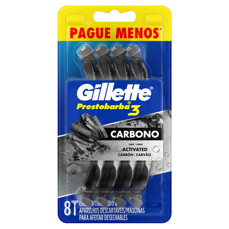 APARELHO DE BARBEAR GILLETTE PRESTOBARBA3 CARBONO PAGUE MENOS CARTELA C/8UNID