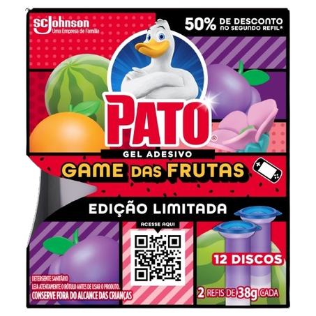 Aparelho Sanitário Pato Gel Adesivo Game de Frutas 2 Refis de 38g cada 50 de Desconto No 2 Refil