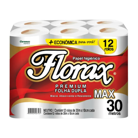 PAPEL HIGIÊNICO FLORAX 30M FOLHA DUPLA MAX COM 12 ROLOS