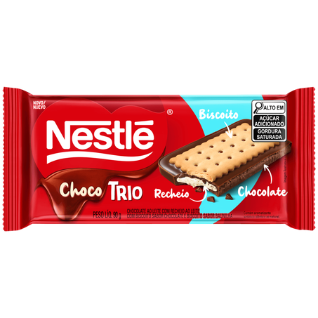 Tablete de Chocolate Ao Leite Nestlé Choco Trio Recheio ao Leite com Biscoito de Chocolate e Baunilha Pacote 90gr