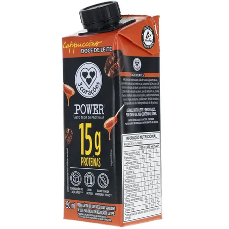 Bebida Lactea Power Whey 15g 3 Corações Cappuccino Doce Leite Zero