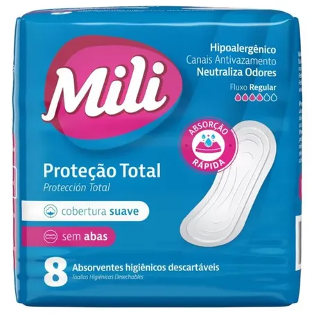 Absorvente mili proteção suave sem abas pacote 8 unidades