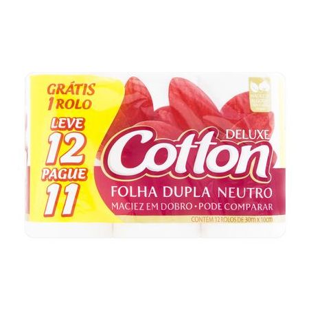 Papel Higiênico Neutro Folha Dupla Cotton 30m Pacote 12 Un Pague 11